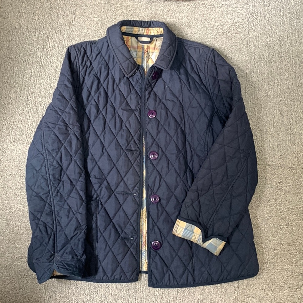 LLBean women’s small petite quilted jacket, navy blue